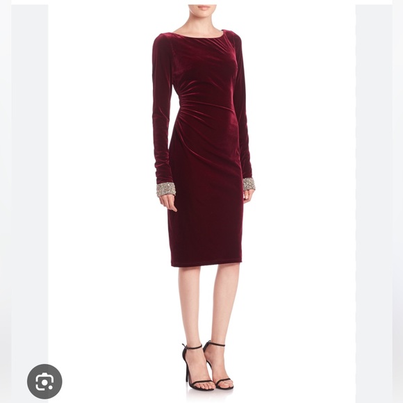David Meister Velvet Burgundy Cocktail Dress with Crystal Cuffs - Picture 1 of 14